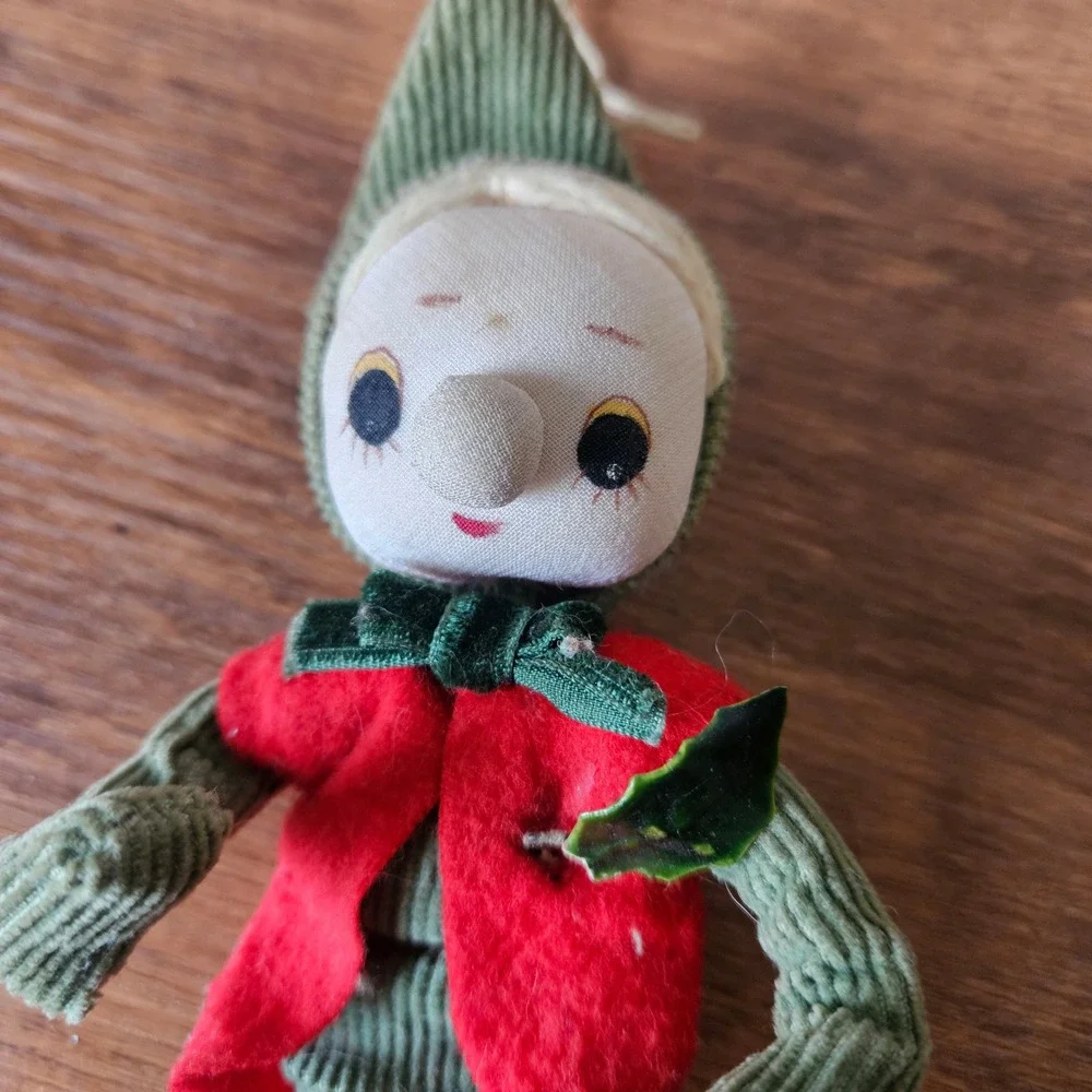 Vintage Japan Elf Doll Ornament Christmas‎ Decoration Green Corduroy Sit Hang